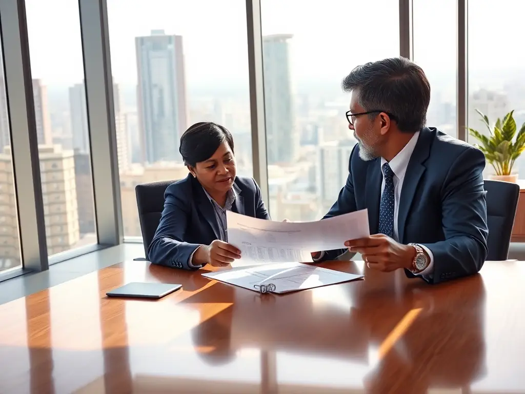 A professional South African financial consultant is sitting at a desk, reviewing financial documents with a client in a modern office setting, showcasing personalized financial planning.