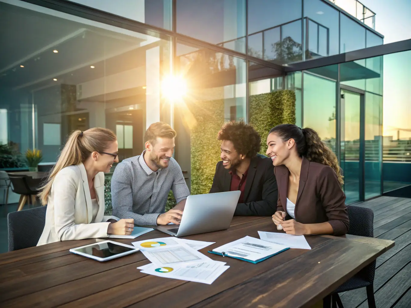 A diverse group of South African professionals are collaborating on wealth management strategies in a sunlit office, emphasizing teamwork and expertise.