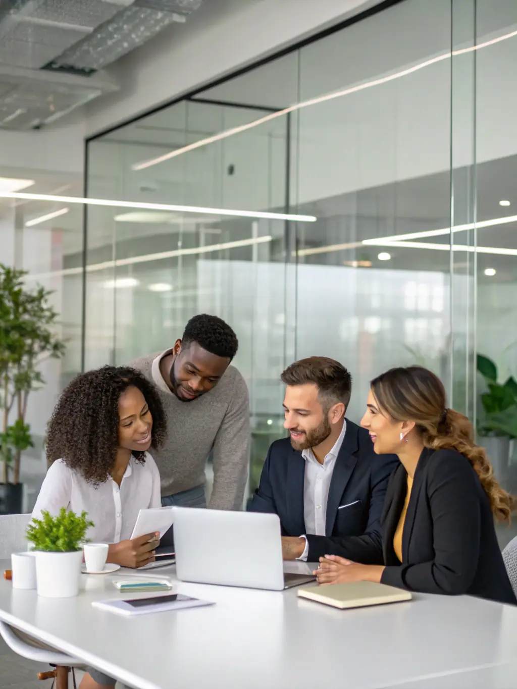 A diverse group of South African investors collaborating on investment strategies in a modern office setting, reflecting teamwork and local expertise.